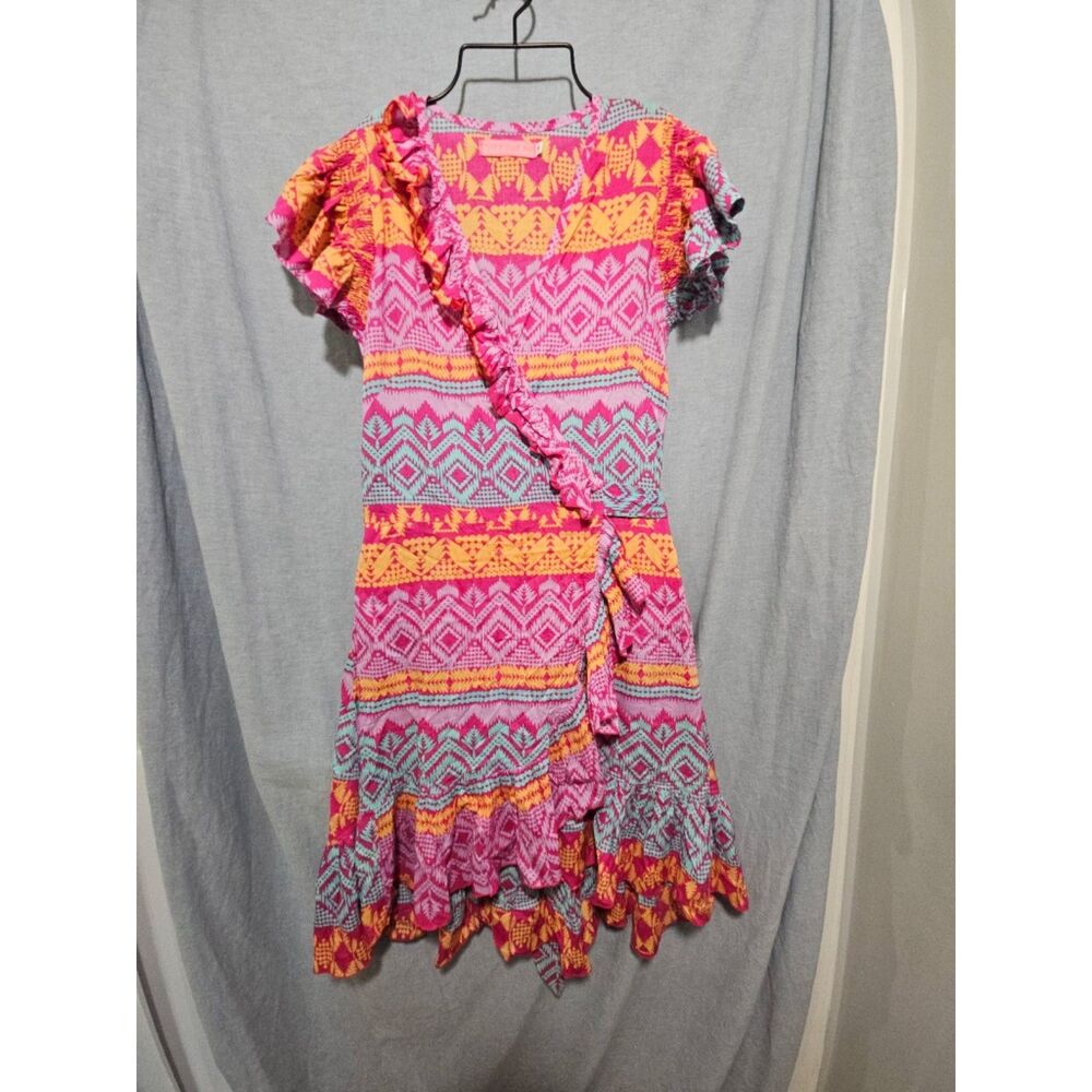 Feather & Find Boho Luxe Wrap Dress Small Pink Orange Tribal Ruffle Mini